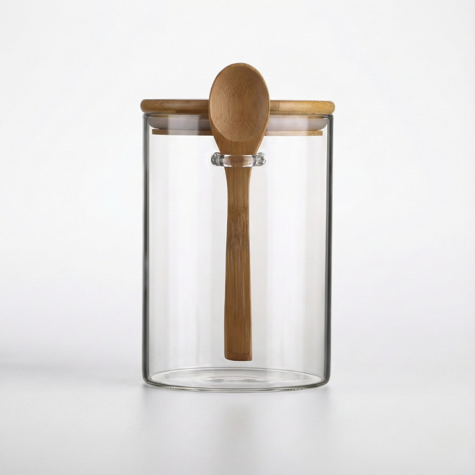 Pot à épice avec cuillère sur fond blanc