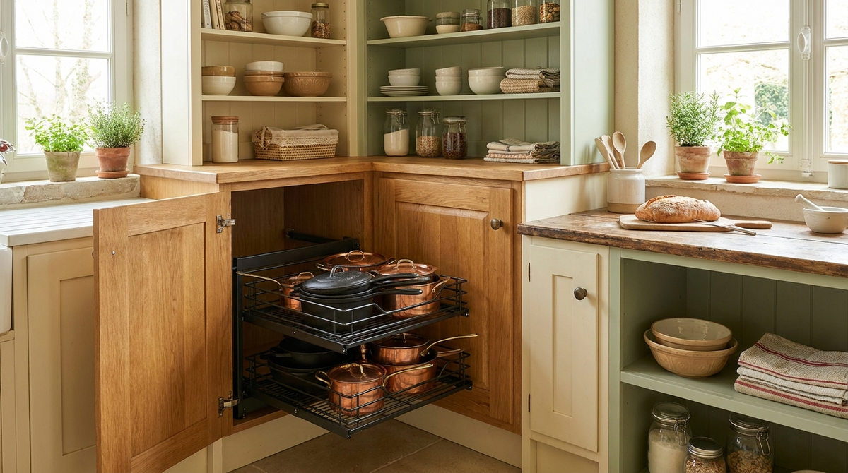 Placard cuisine en angle organisé avec panier coulissant en métal mat rempli d'ustensiles