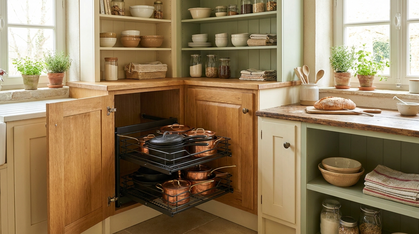 Placard cuisine en angle organisé avec panier coulissant en métal mat rempli d'ustensiles Image