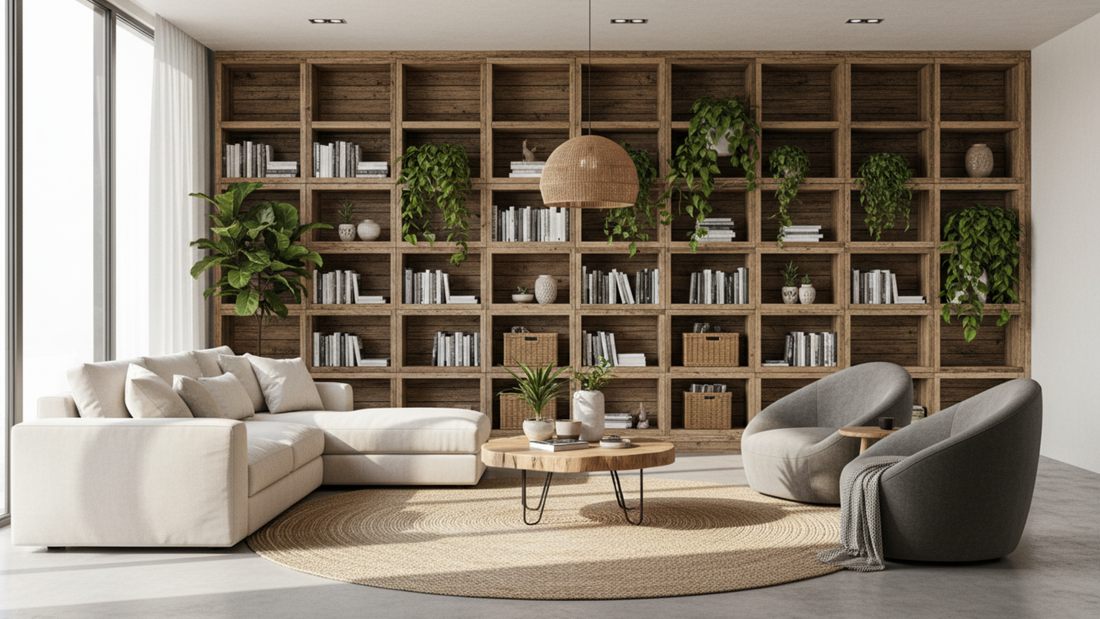 Une vue large d'un salon lumineux avec un mur décoré d'étagères