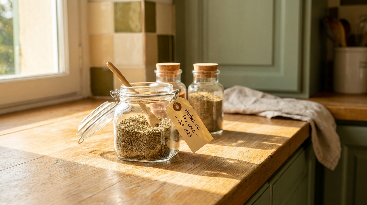Pot d'épice ouvert avec étiquette manuscrite de date sur plan de travail cuisine Image