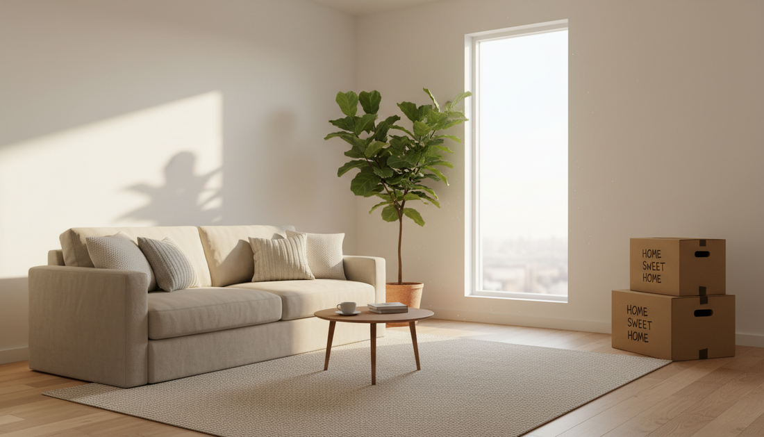 Salon lumineux et épuré après un déménagement réussi, montrant un aménagement zen avec un canapé scandinave et des cartons de rangement bien ordonnés