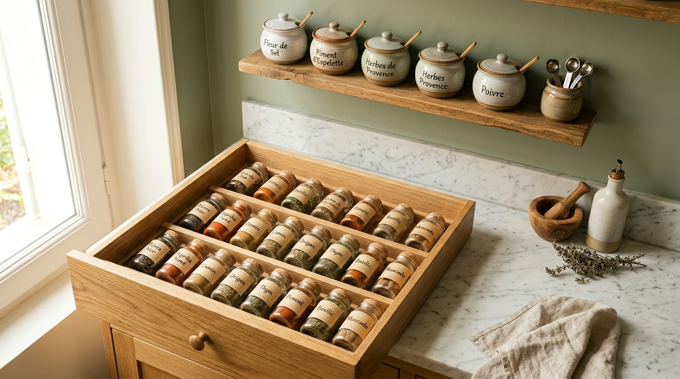 Rangement épices tiroir cuisine organisé, pots en verre alignés sur organisateur bois naturel, lumière naturelle