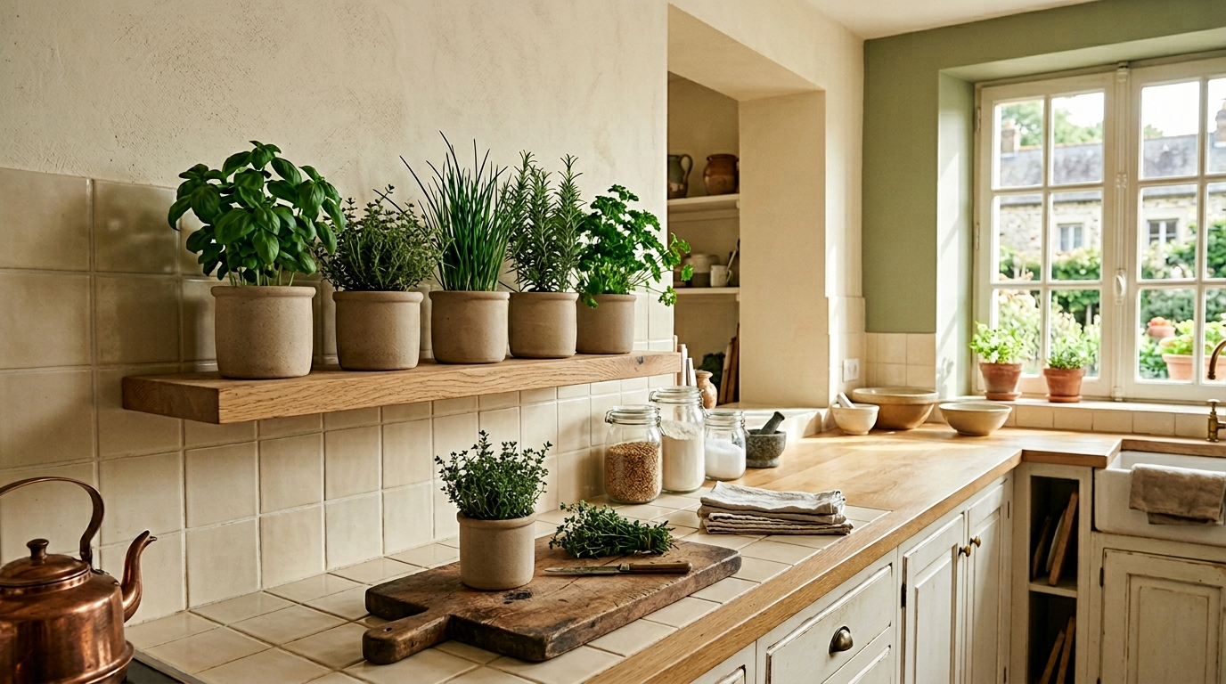 Mini jardin aromatique cuisine, pots en grès alignés crédence bois lumière naturelle Image