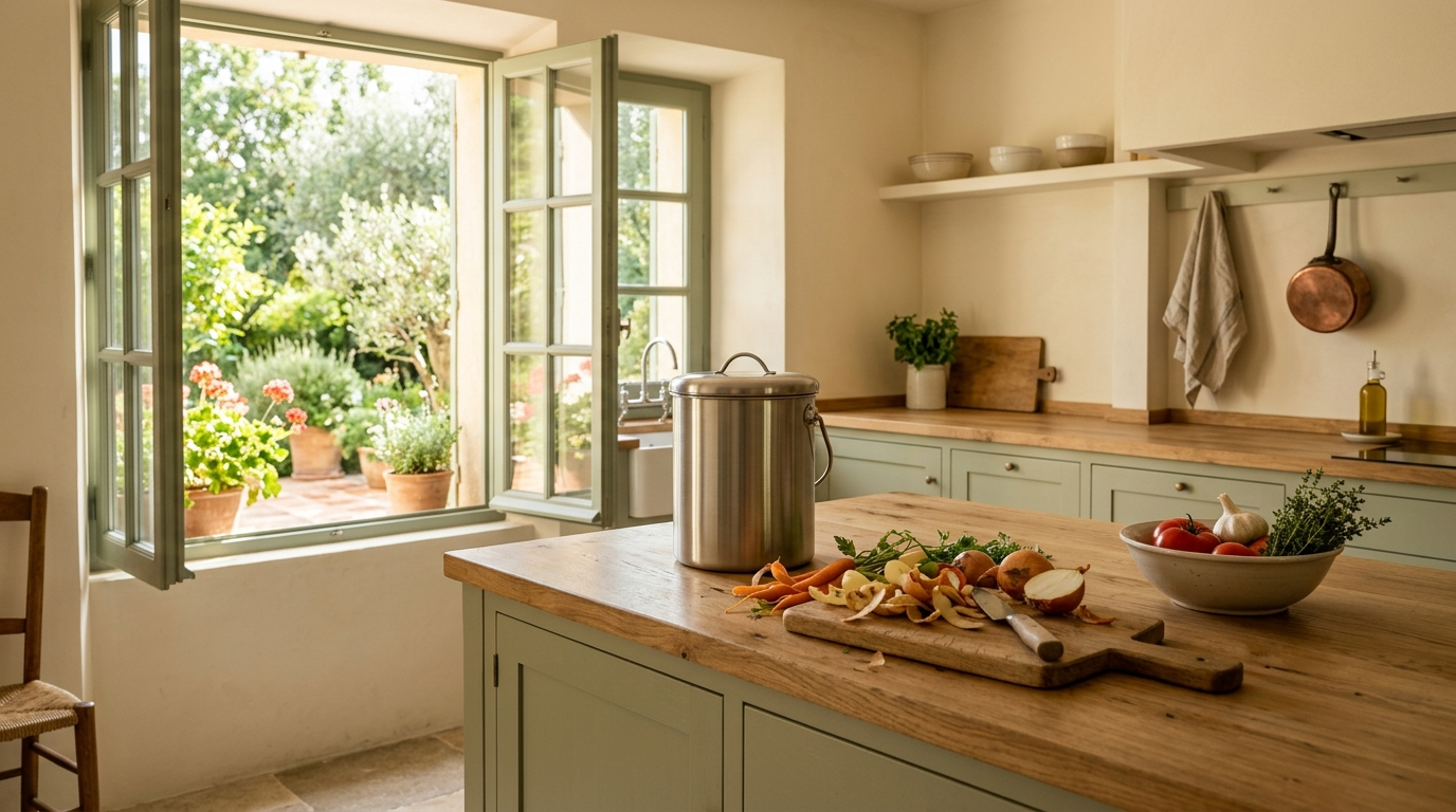Compostage domestique cuisine française bioseau inox plan de travail bois lumière naturelle
