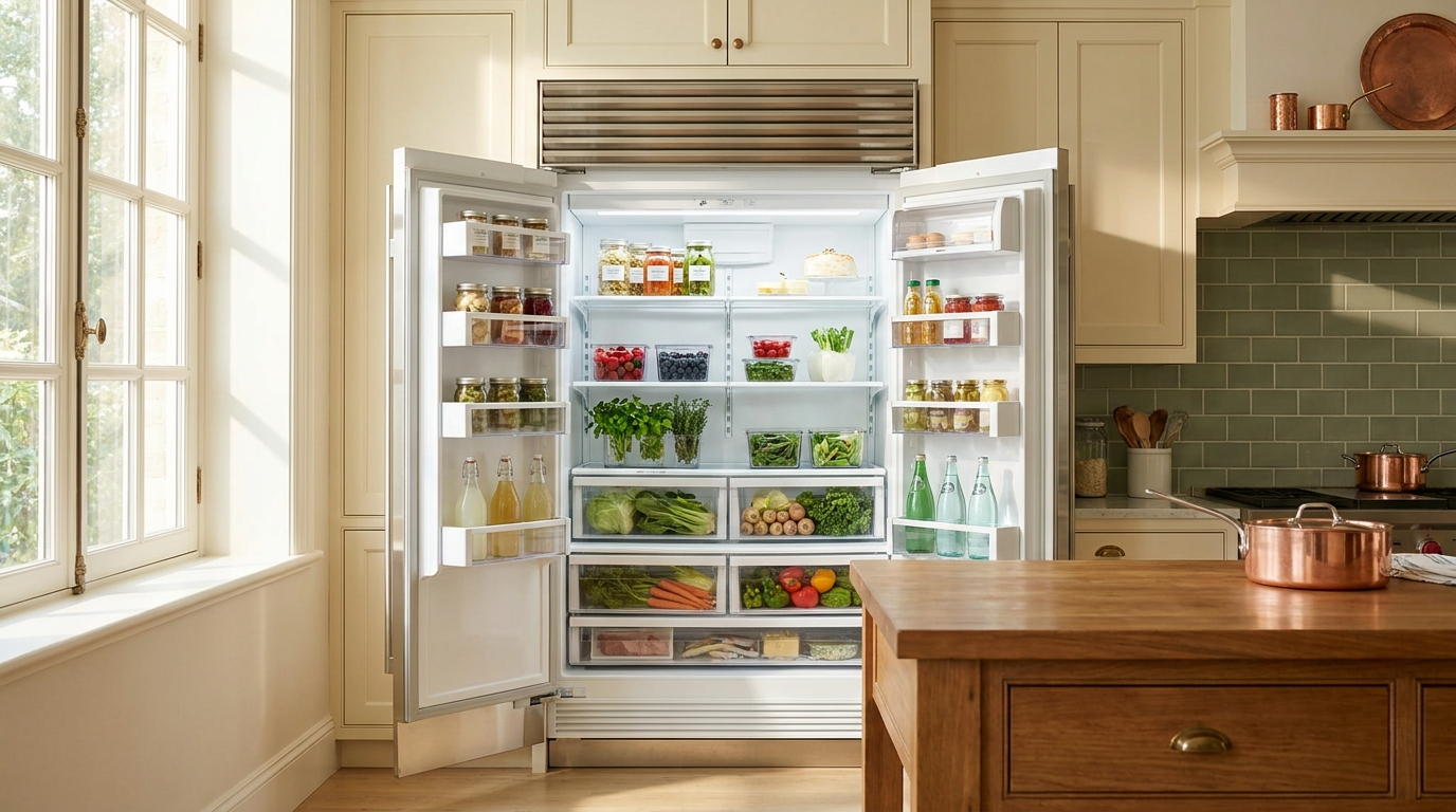 Réfrigérateur ouvert propre et lumineux, symbole d'une hygiène cuisine naturelle et sans produits toxiques Image