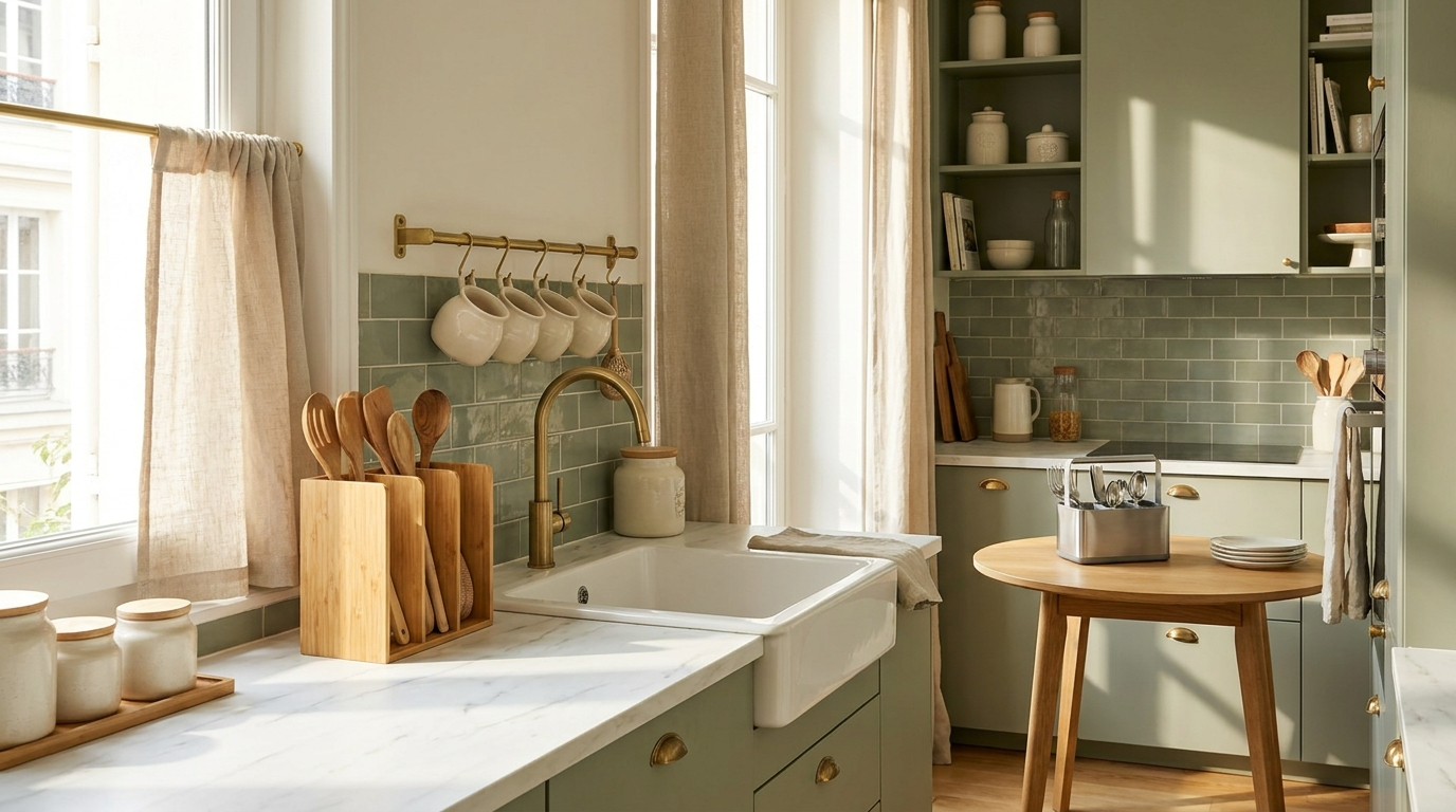 Rangement couverts sans tiroir cinq solutions ingénieuses cuisine compacte française premium Image