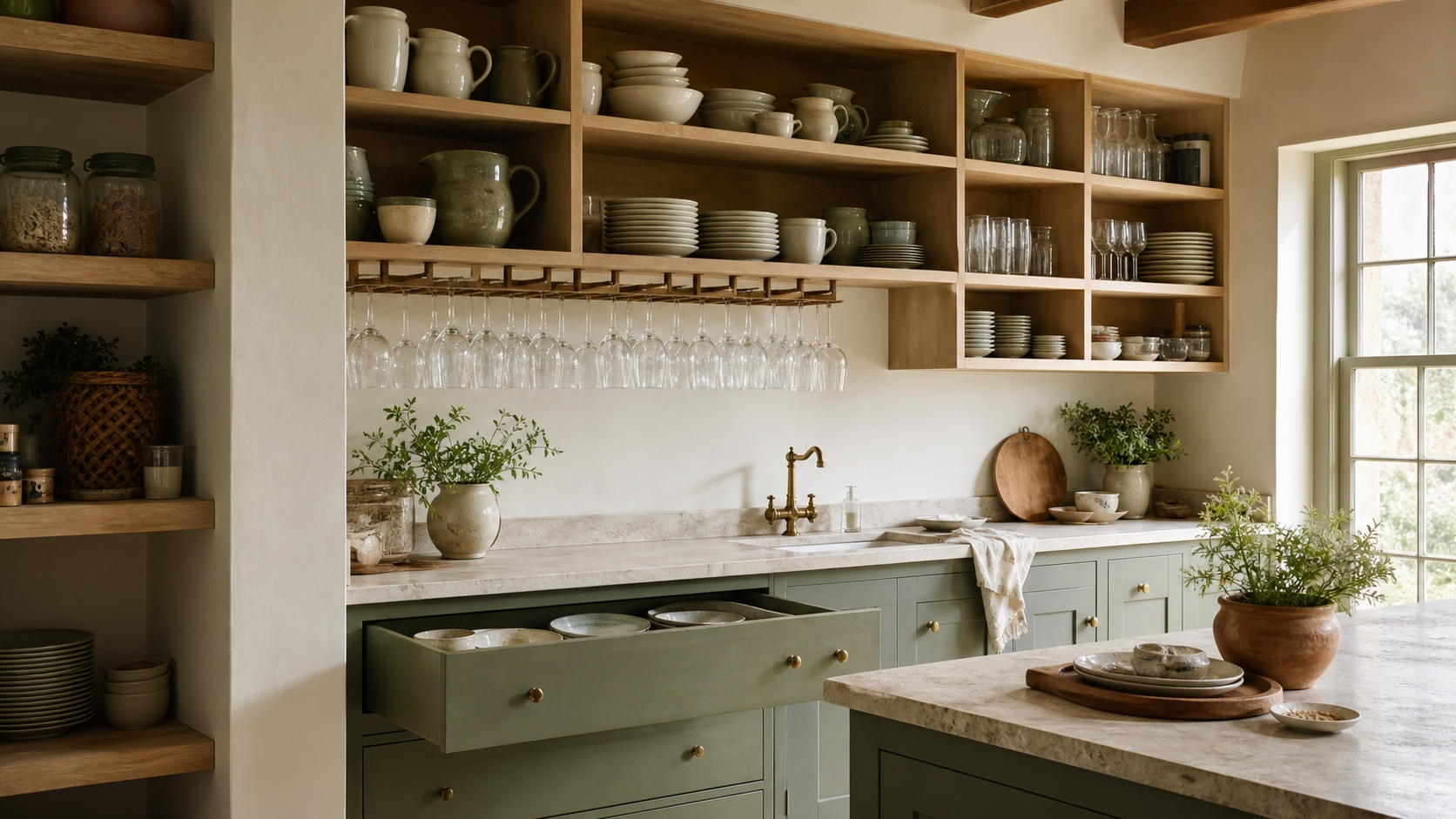 Rangement vaisselle placards cuisine organisés avec vaisselle grès et verres premium cuisine française Image