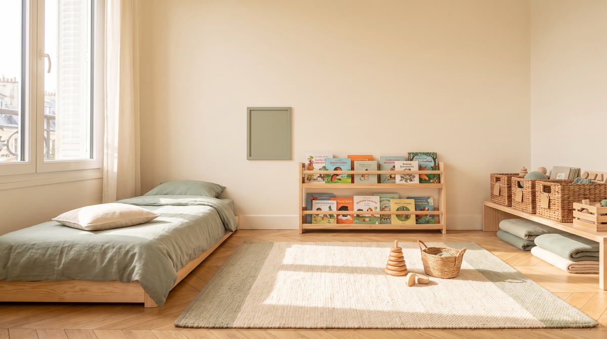 Chambre enfant montessori organisée avec zone sommeil, coin lecture, paniers osier et tapis de jeu en lumière naturelle Image