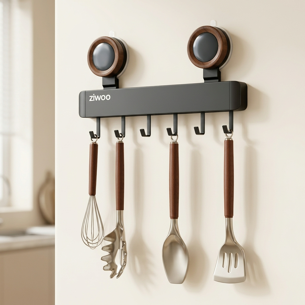 Barre crochets ustensiles cuisine mural sans vis aluminium noir 30 cm 6 crochets