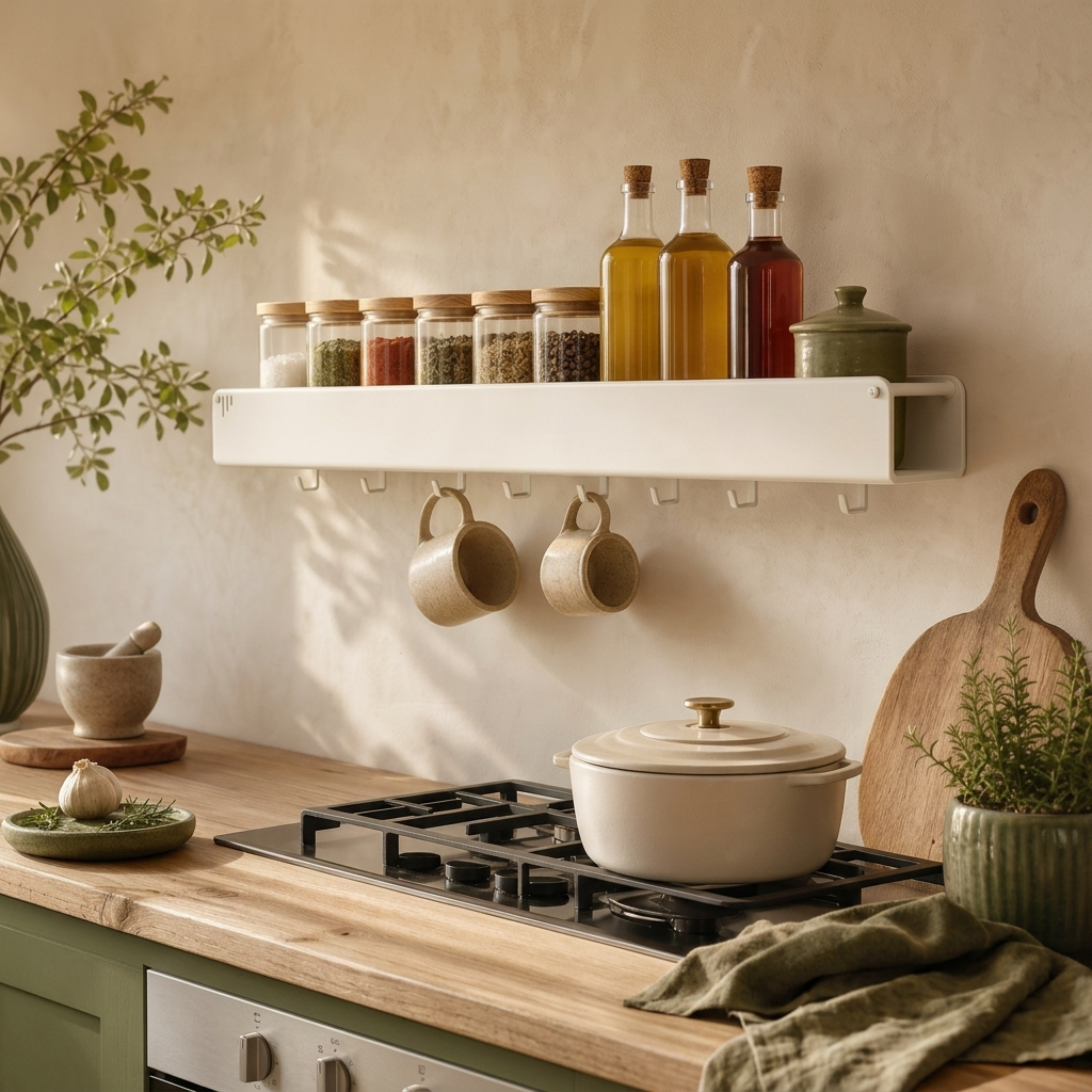 Cuisine française organisée étagère murale blanche crédence cuisson, fleur de sel herbes Provence paprika, style premium - Opti Rangement