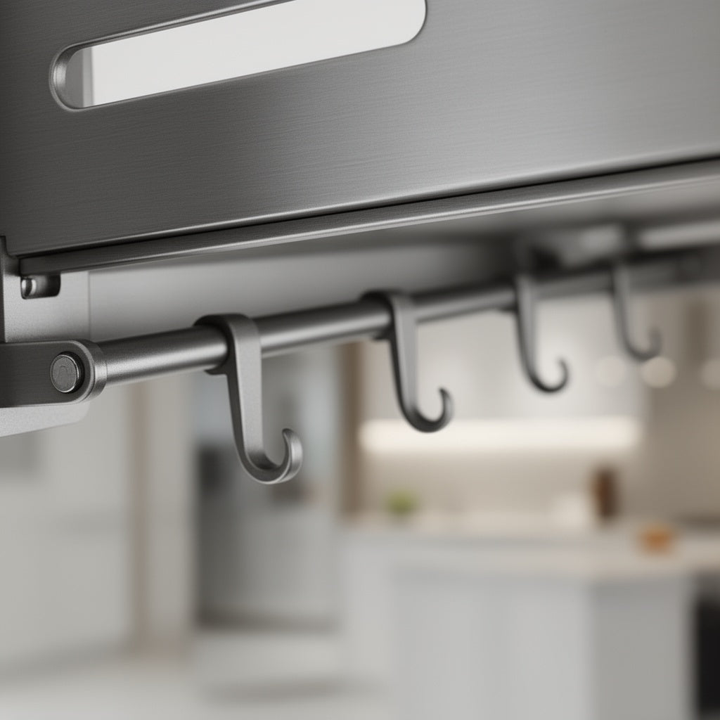 Etagere cuisine inox fond blanc macro
