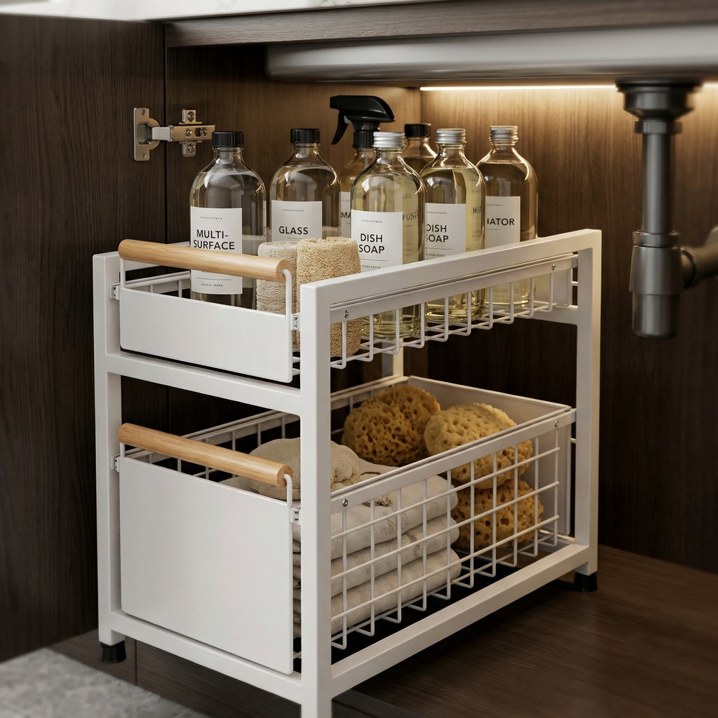 Organisateur cuisine blanc 2 tiroirs sous evier