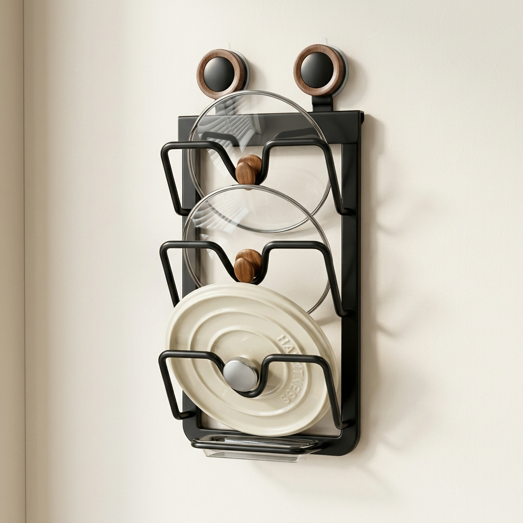Porte-couvercle mural 3 niveaux sans perçage 37 cm acier carbone noir cuisine équipée