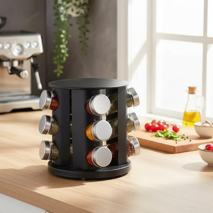 Porte épice rond noir 12 pots