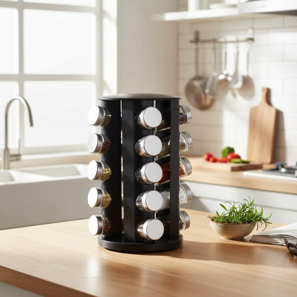Porte épice rond noir 24 pots