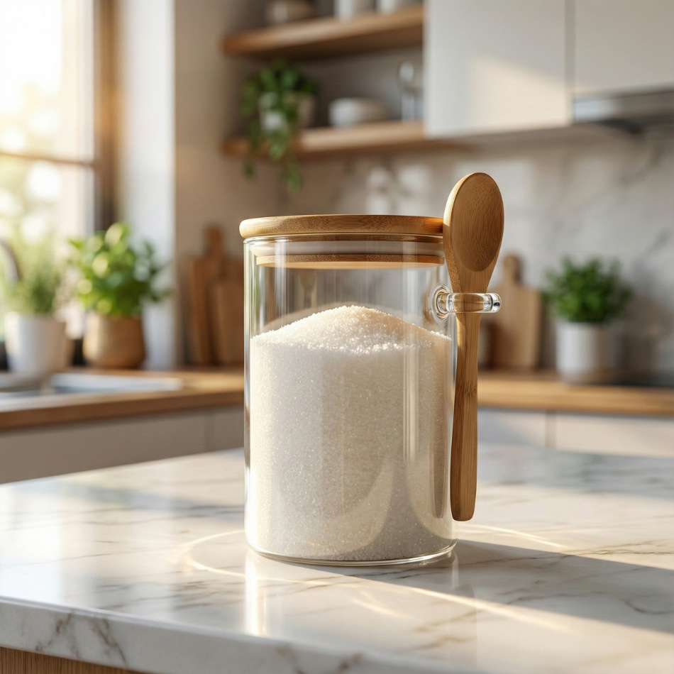 Pot à épice avec cuillère sur plan