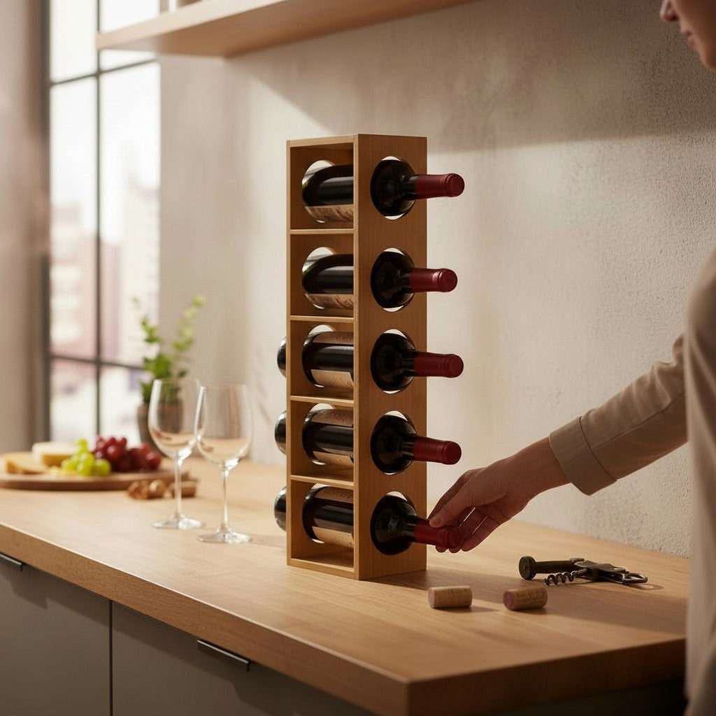 Range-bouteilles en bois sur plan