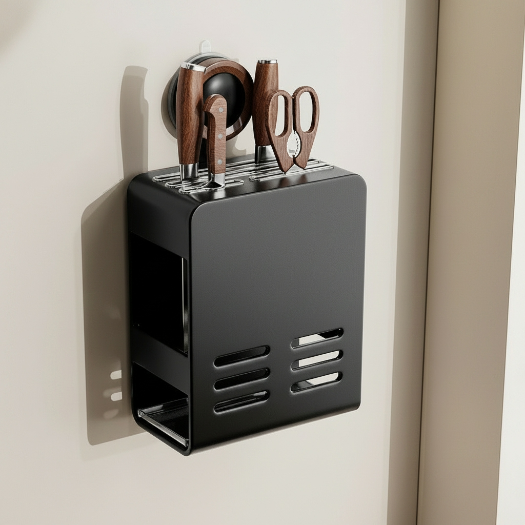 Porte-couteau mural sans perçage acier carbone noir mat ventouse sous vide cuisine design