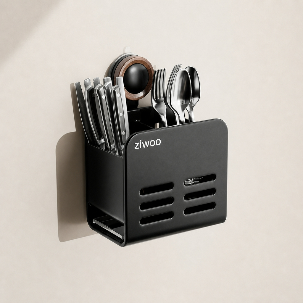 Range-couverts mural cuisine sans trou acier carbone bac égouttoir extractible ventouse noyer