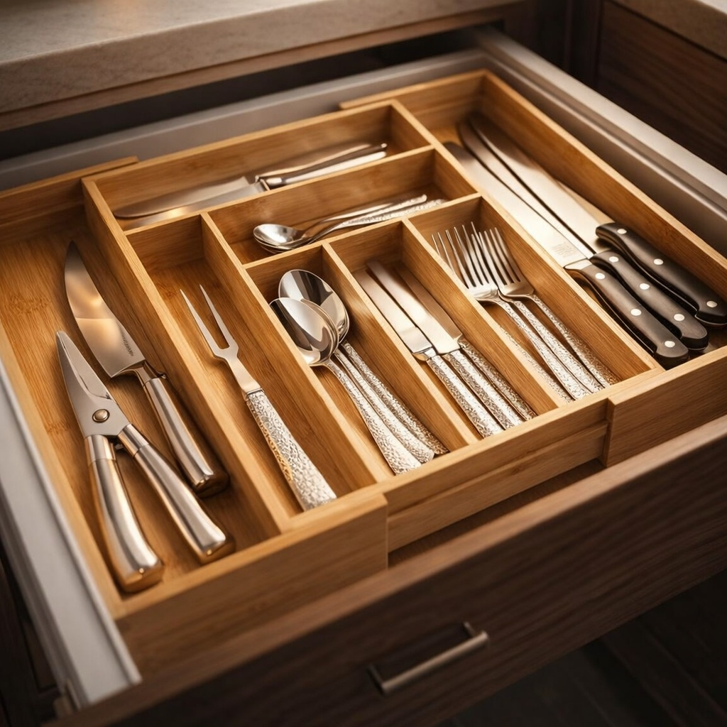 Rangement couvert en bois tiroir