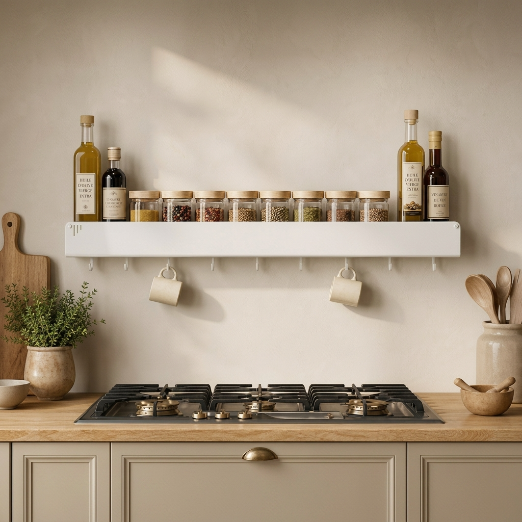 Rangement mural cuisine installé crédence au-dessus plaque cuisson