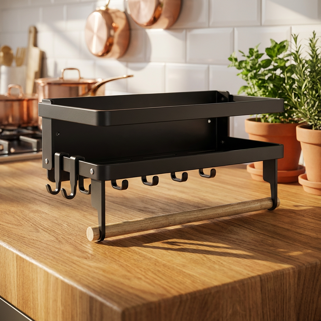 Rangement noir sur chêne naturel