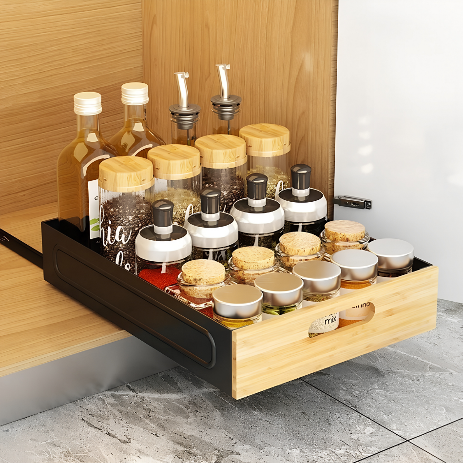 Tiroir coulissant cuisine noir dans placard