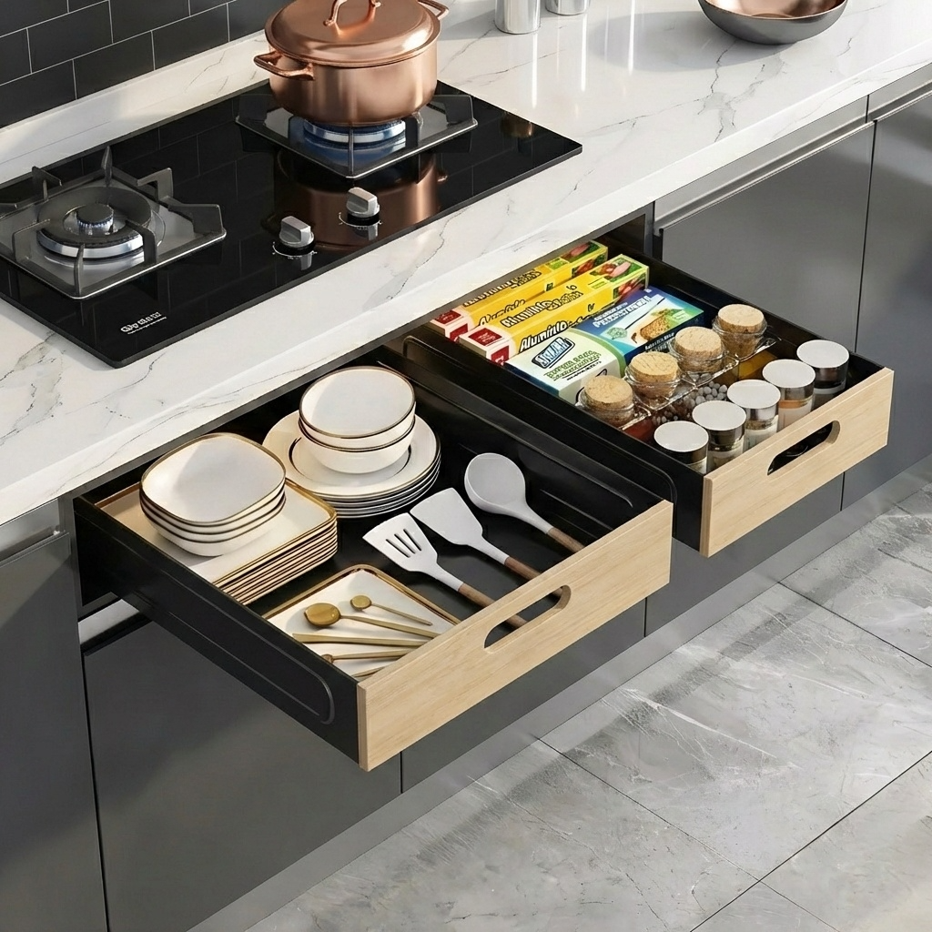 Tiroir coulissant cuisine sous plan
