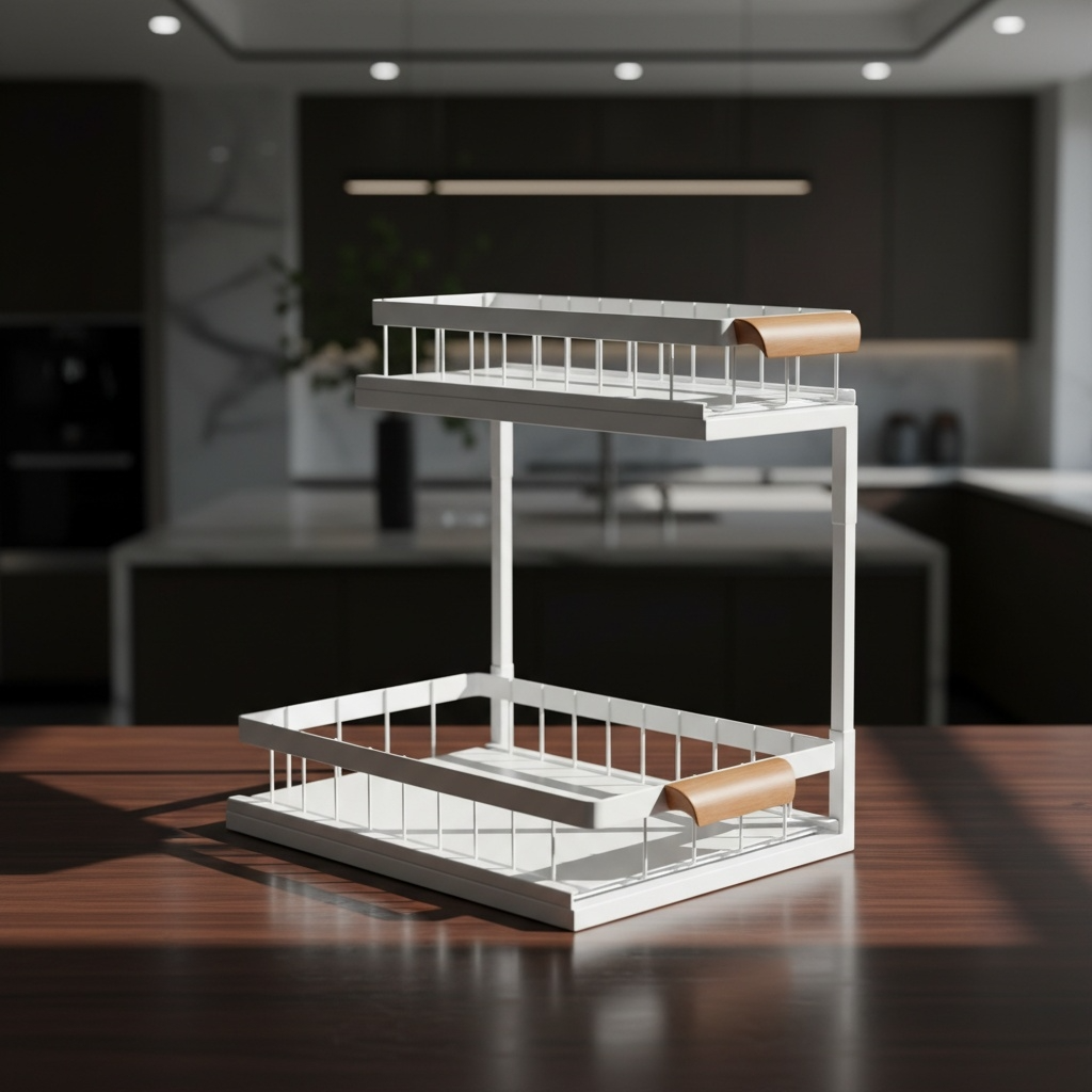 Tiroir sous evier  blanc poignee bois presentation