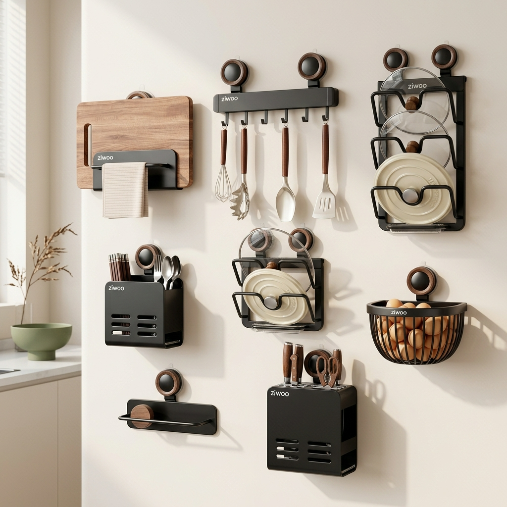 Collection rangement mural cuisine sans percer noir mat ventouse bois noyer acier carbone crédence