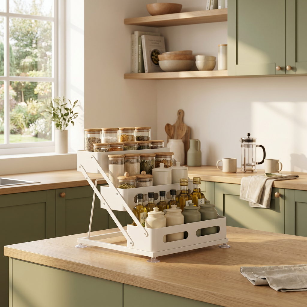 Cuisine élégante et organisée avec rangement épices blanc