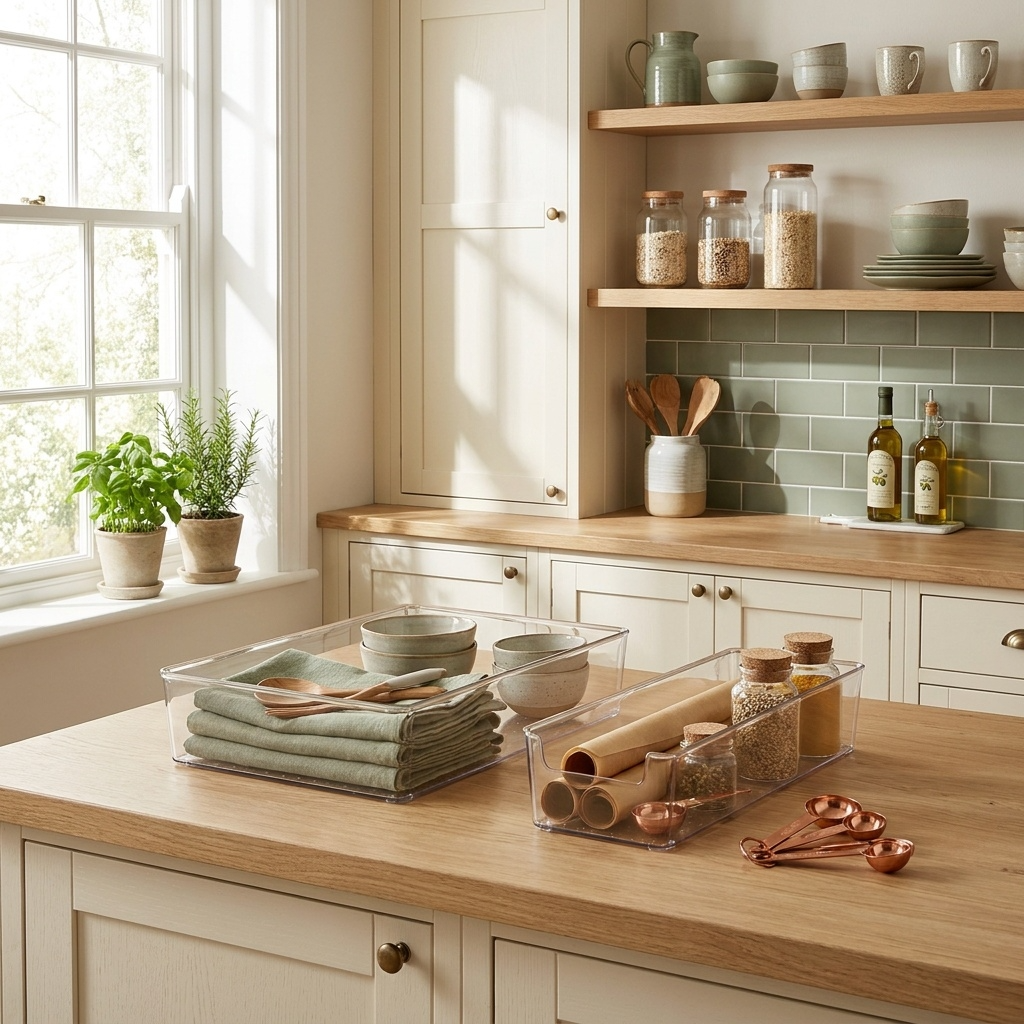 Cuisine harmonieuse avec bacs de rangement transparents