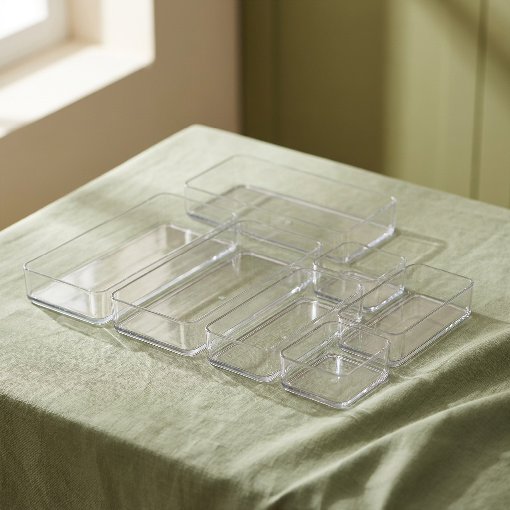 Bacs modulaires transparents sur fond lin sauge