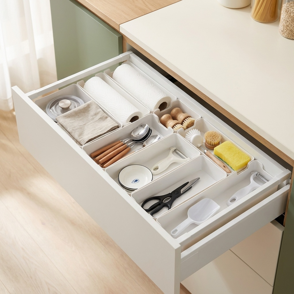 Organisation parfaite dans un grand tiroir de cuisine