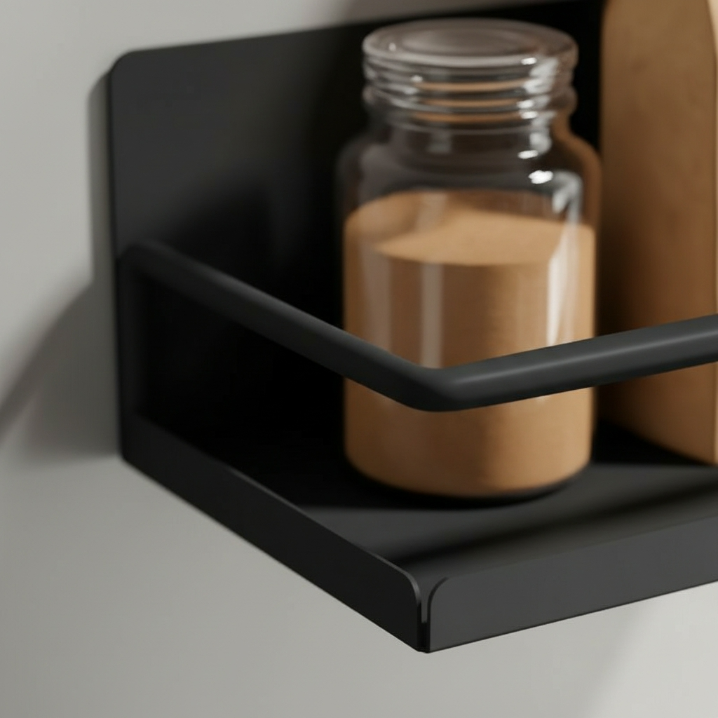 Découvrez la finition noir mat de notre étagère acier carbone. Garde-corps précis, texture noble et durable. Le savoir-faire français en gros plan.
