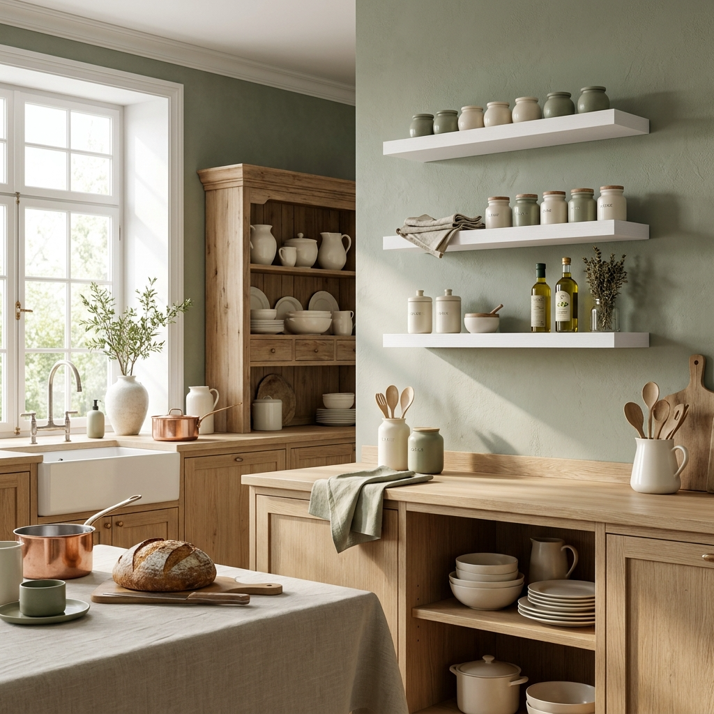Étagère blanche dans une cuisine lumineuse et harmonieuse.