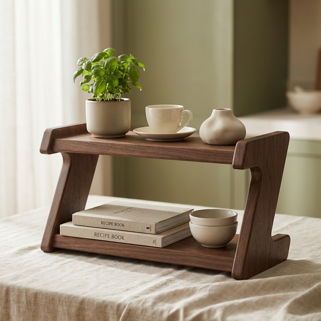 Rangement chaleureux style magazine avec accents céramique