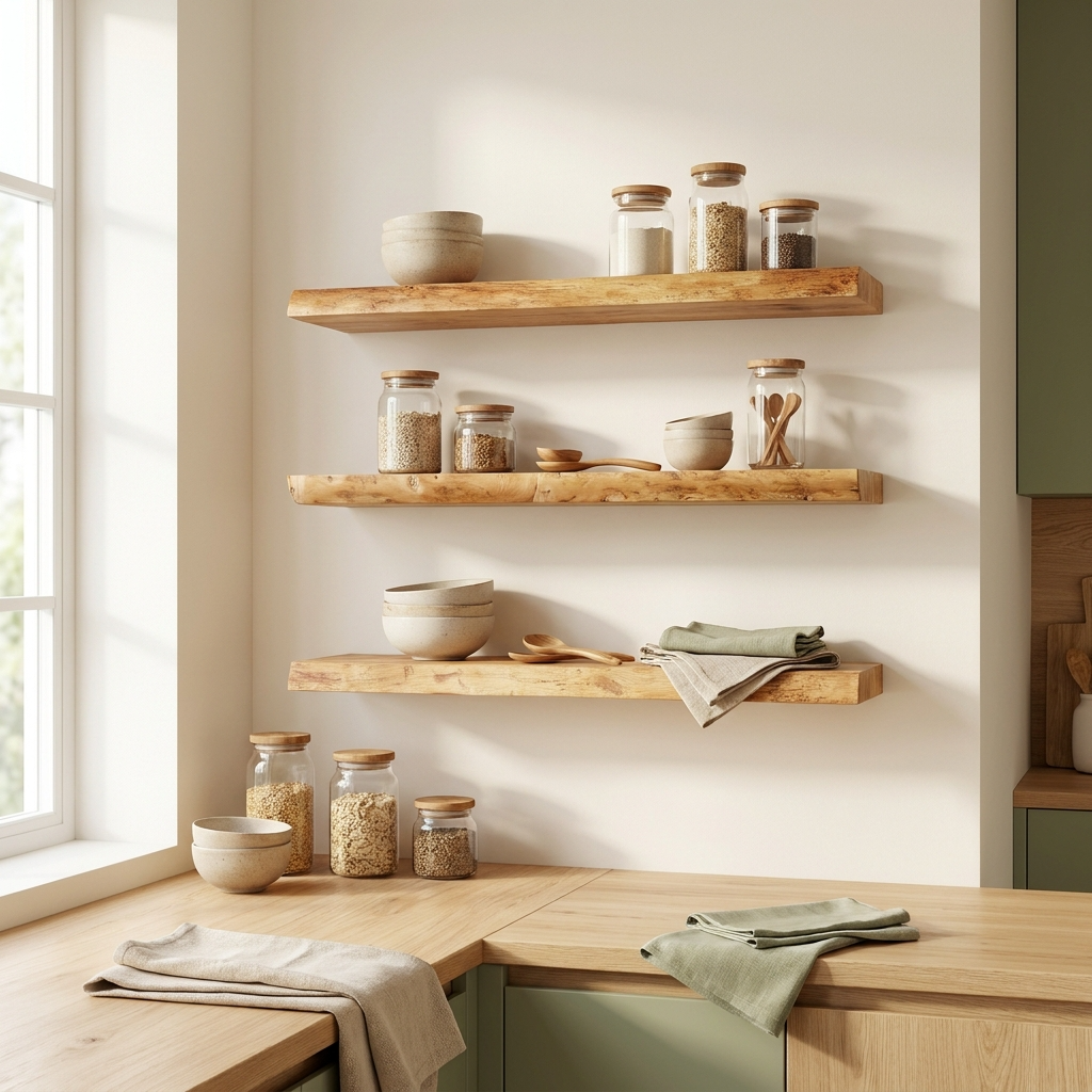 Étagère murale installée dans une cuisine premium.