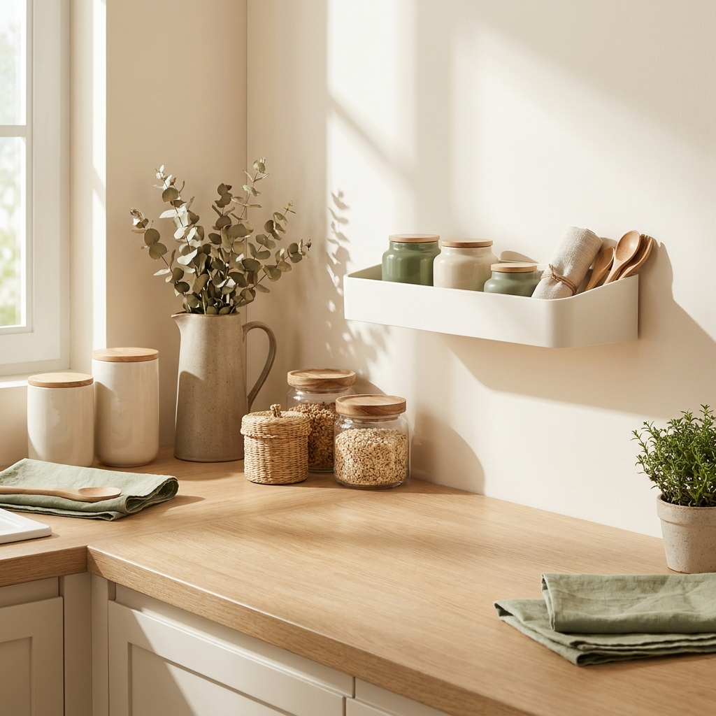 Étagère murale au cœur d'une cuisine harmonieuse