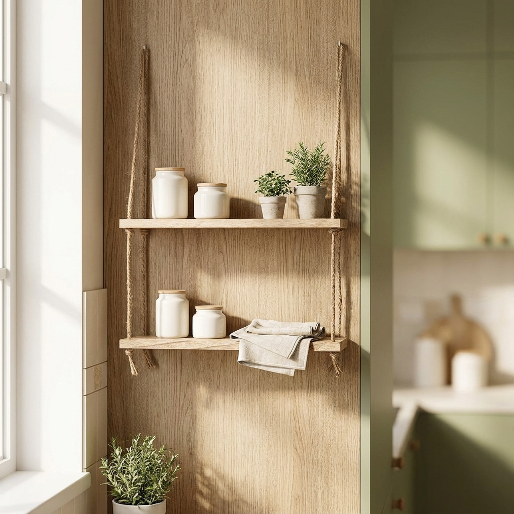 Étagère double en bois, ambiance décoration magazine