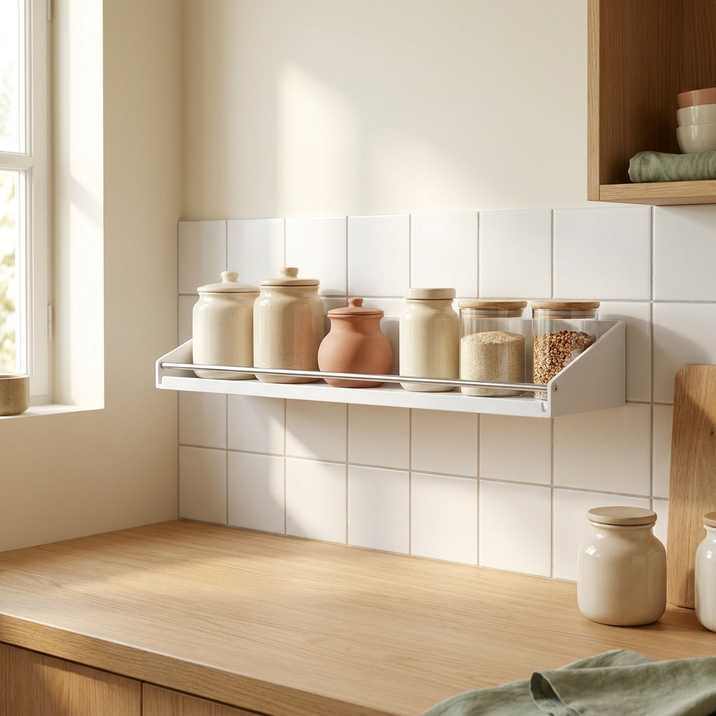 Étagère murale fixée sur une crédence de cuisine