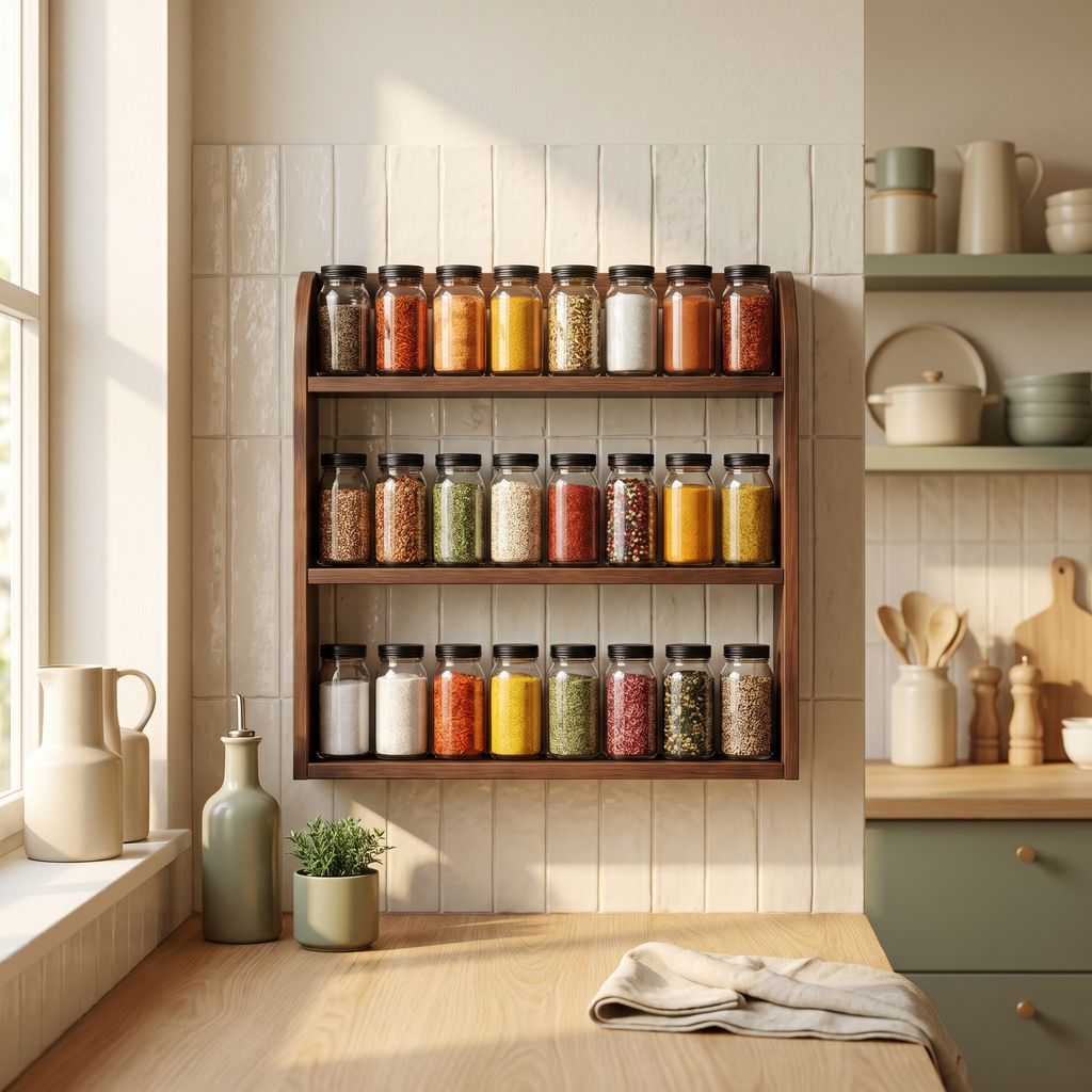 Rangement mural en noyer pour cuisine design élégante