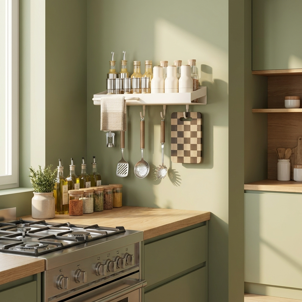 Optimisez l'espace près de votre cuisinière. Une étagère murale fonctionnelle pour organiser élégamment vos épices et ustensiles de cuisine
