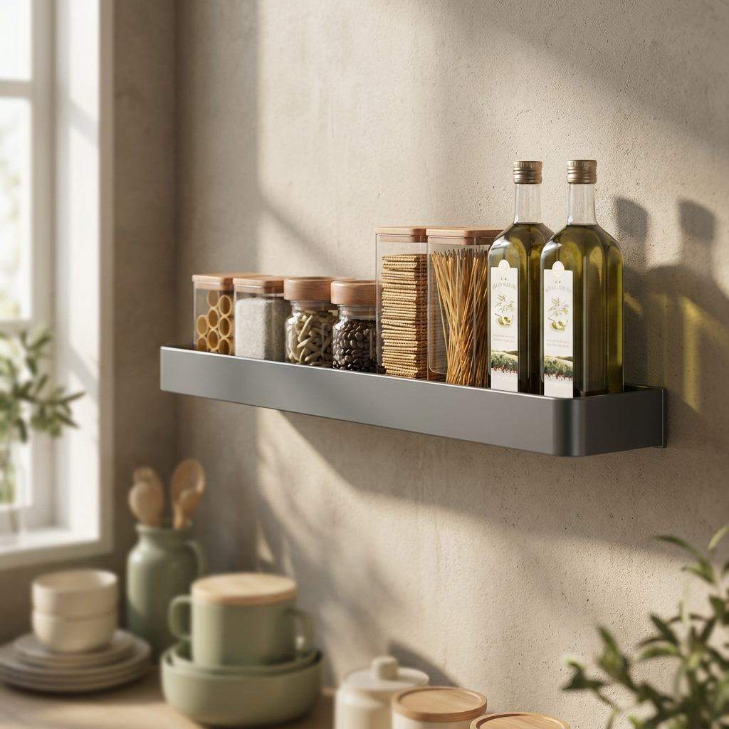 Design minimaliste : étagère grise sur béton chaud