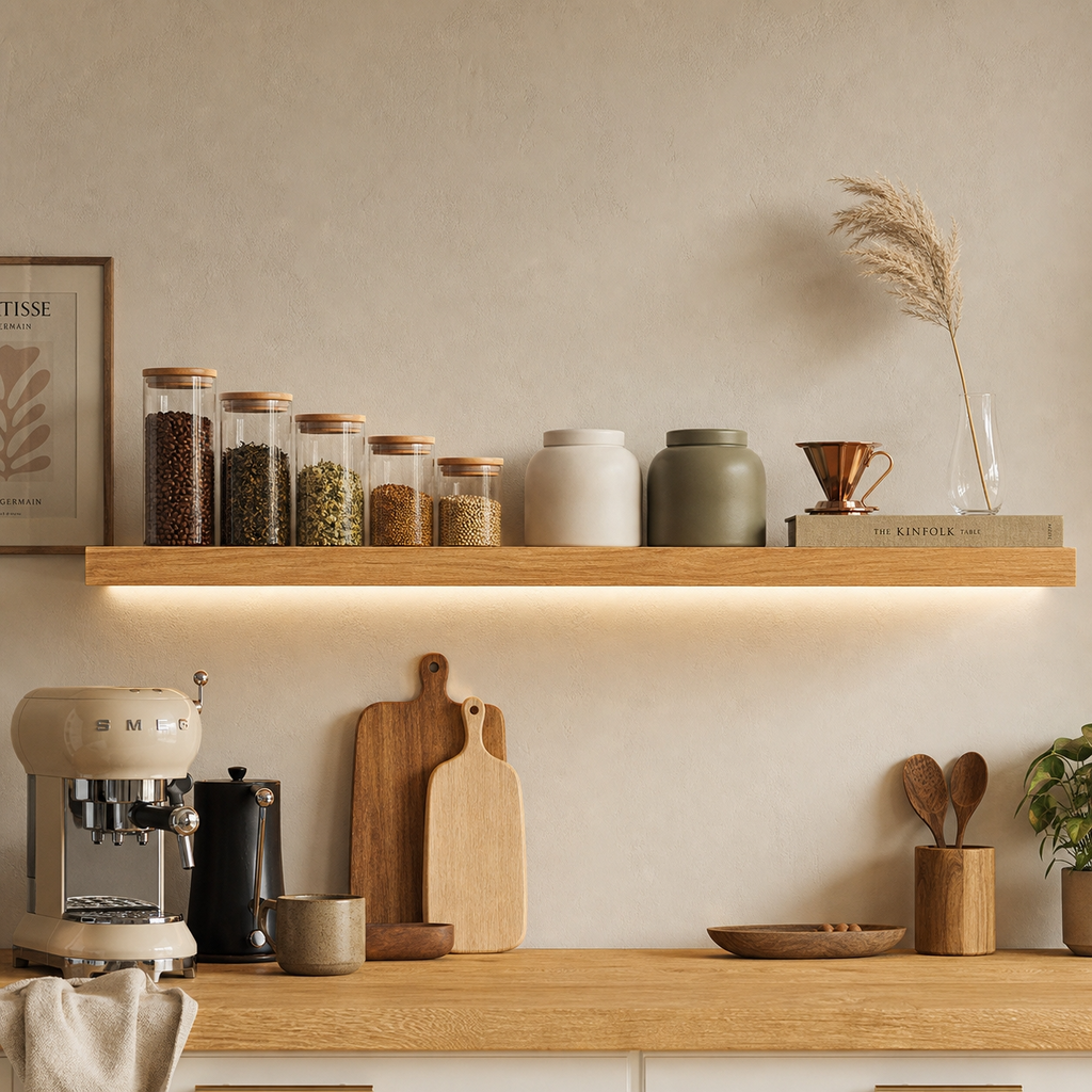 Étagère murale 90cm pin naturel en crédence cuisine équilibrée. 
Bocaux bois et verre, céramique ivoire, eucalyptus décoratif, 
lumière LED intégrée. Art de vivre cuisine française au quotidien.
