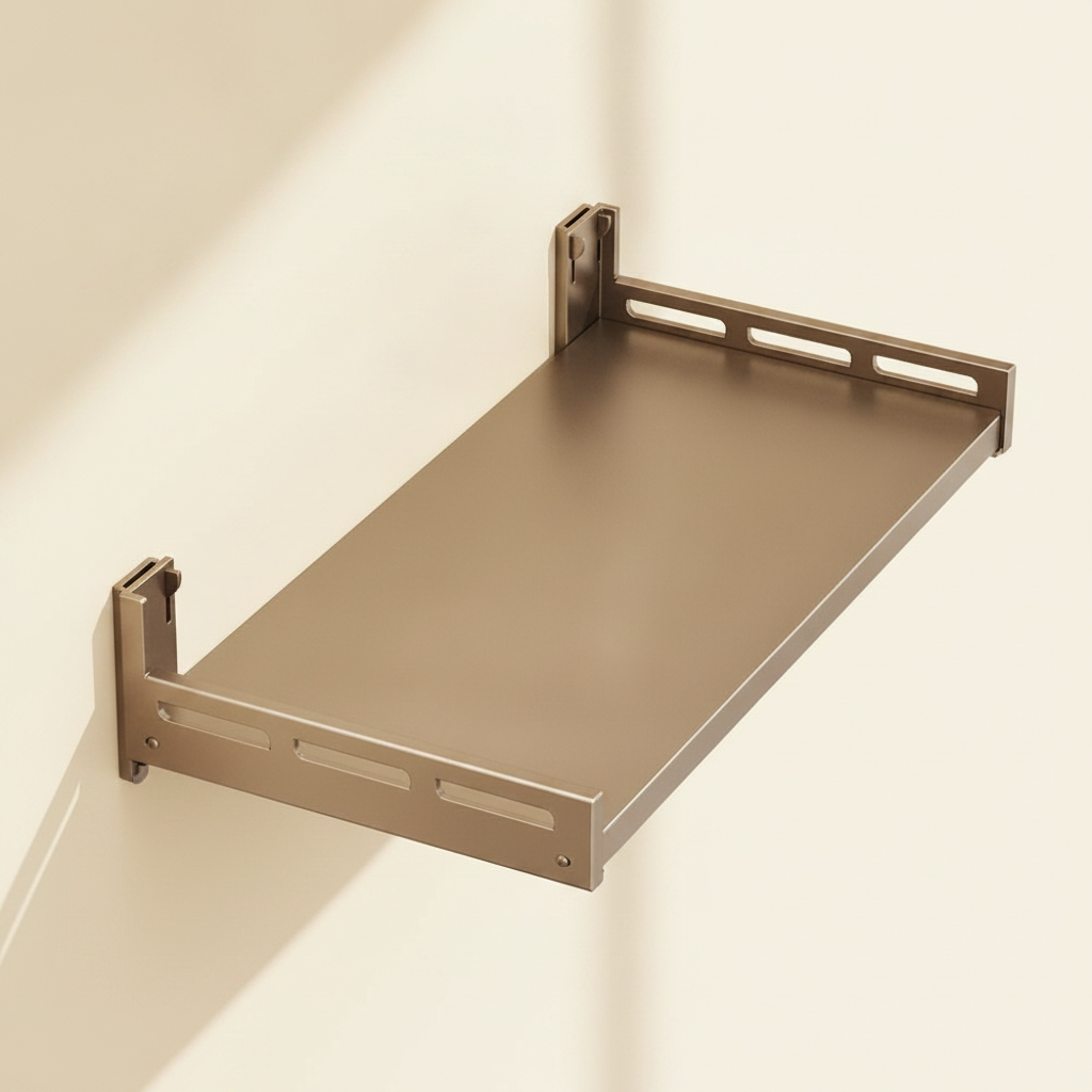 Étagère acier gunmetal, fond ivoire chaleureux épuré