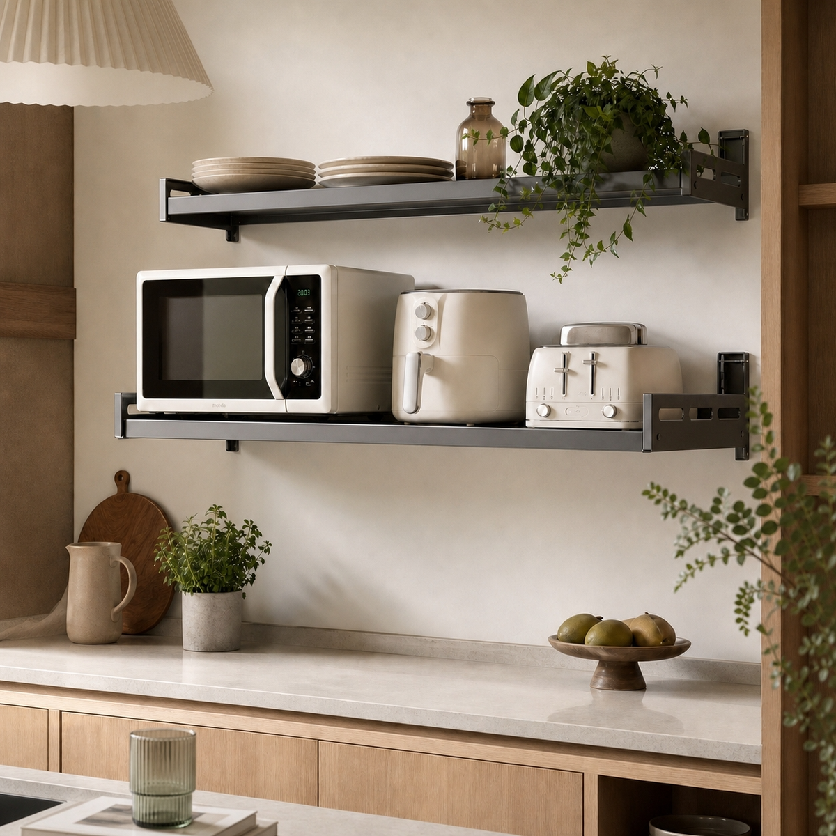 Cuisine française lumière matinale, organisation murale élégante