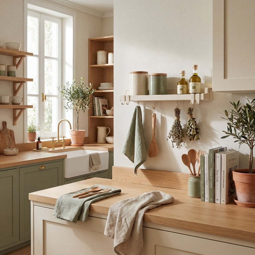 Ambiance cuisine premium avec étagère murale crème