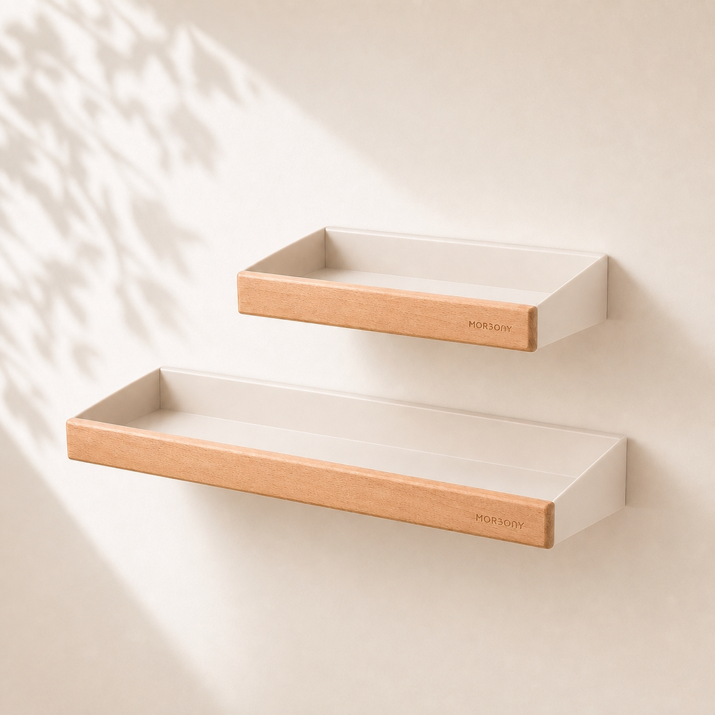 Découvrez l'étagère murale Opti Rangement en bois clair et ABS crème. Un design minimaliste sur fond ivoire pour une organisation de cuisine haut de gamme